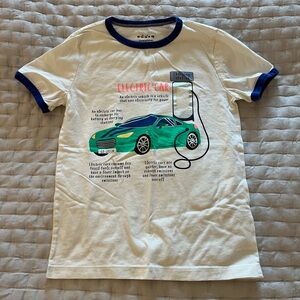 VGUC Mini Boden Electric Car Graphic T-Shirt - Cream & Blue Size 7-8
